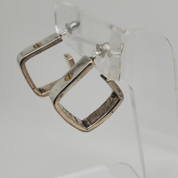 Vintage Mexican Sterling Silver Earrings Taxco 925 Hoops Modernist Brass Rivet - Picture 8 of 12